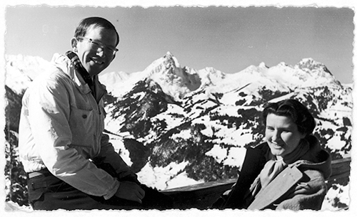 Photograph of Edgar Bowers with his friend Laura von Courten in Gstaad, Switzerland (1951).