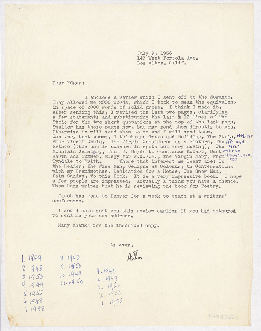 Letter from Yvor Winters to Edgar Bowers (July 9, 1956) regarding Winters’s review in The Sewanee Review of Bowers’s first book, The Form of Loss (1956).