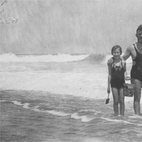 Photograph of William Edgar Bowers, Sr., the poet’s father, with the poet, age 11, and the poet’s sister, Eleanor Bowers, at the beach in Wilmington, North Carolina (1935).