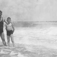 Photograph of William Edgar Bowers, Sr., the poet’s father, with the poet, age 11, and the poet’s sister, Eleanor Bowers, at the beach in Wilmington, North Carolina (1935).