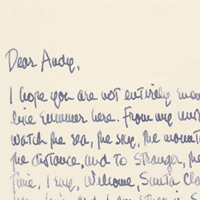 Card from Edgar Bowers to Esther "Andy" Anderson, the poet’s cousin (December 20, 1960), in which the poet describes catching a halibut from the deck of his house on Miramar Beach in Montecito, California.