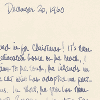 Card from Edgar Bowers to Esther "Andy" Anderson, the poet’s cousin (December 20, 1960), in which the poet describes catching a halibut from the deck of his house on Miramar Beach in Montecito, California.