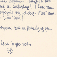 Card from Edgar Bowers to Esther "Andy" Anderson, the poet’s cousin (December 20, 1960), in which the poet describes catching a halibut from the deck of his house on Miramar Beach in Montecito, California.