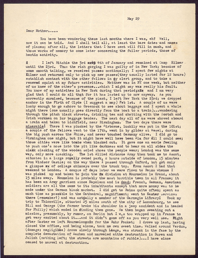 Letter from Edgar Bowers to Grace Bowers, his mother, describing his early impressions of Europe during the Second World War, including his reaction to seeing bombed cities (May 29, 1945). 