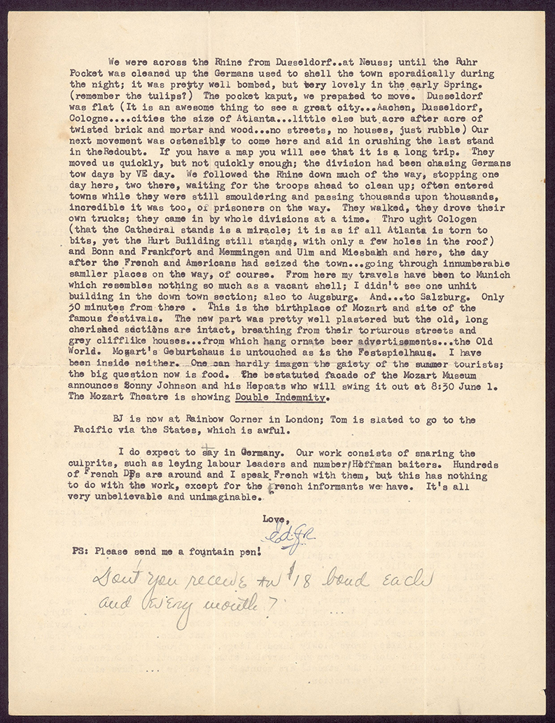 Letter from Edgar Bowers to Grace Bowers, his mother, describing his early impressions of Europe during the Second World War, including his reaction to seeing bombed cities (May 29, 1945). 