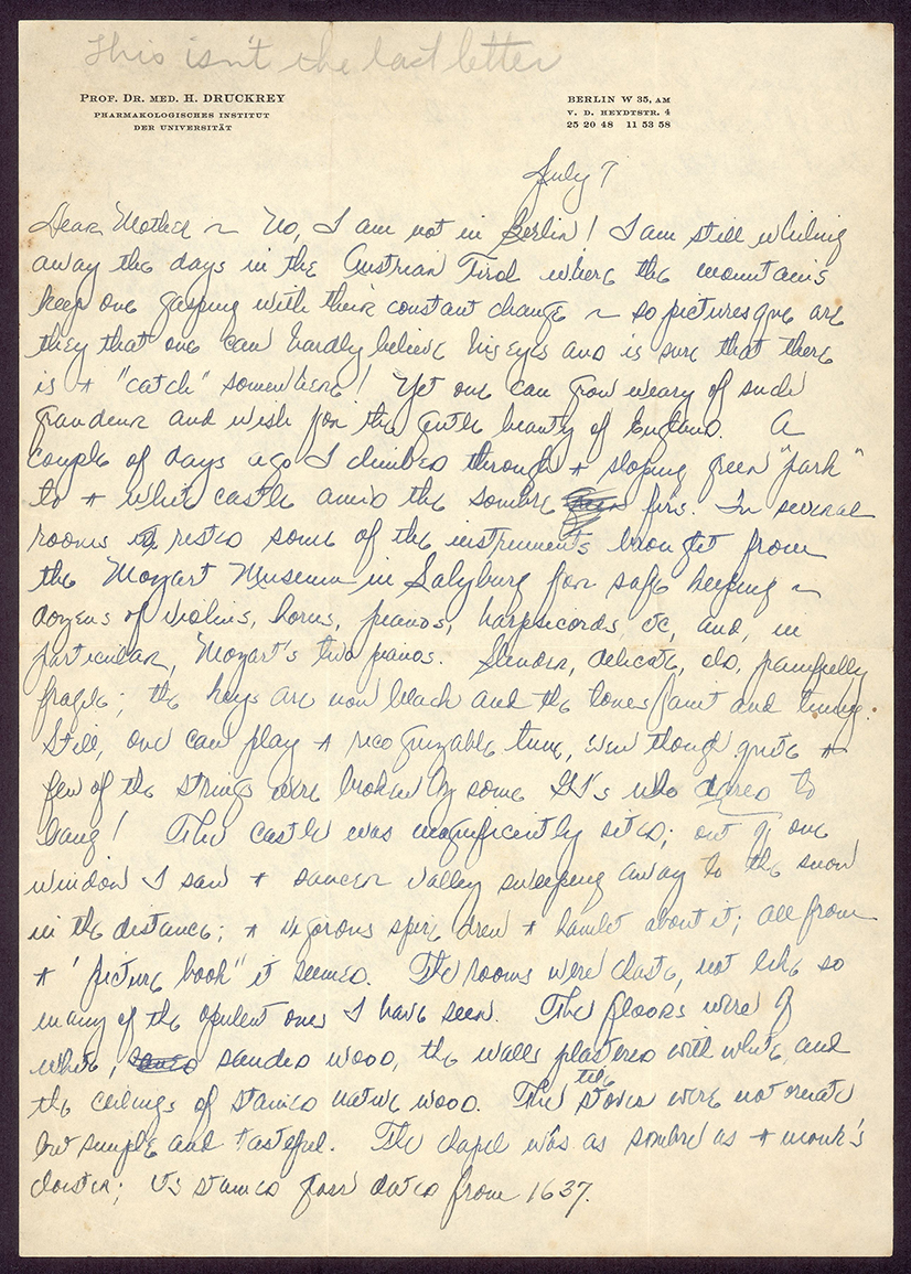 Letter from Edgar Bowers to Grace Bowers, his mother, describing Mozart’s claviers, which he played in a castle in Saalfelden (July 7, 1945).