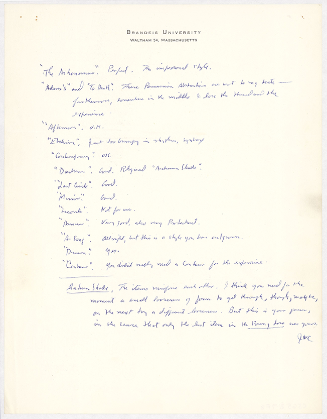 Letter from J.V. Cunningham to Edgar Bowers (undated), listing brief comments on the poems in Bowers’s second book, The Astronomers (1965).