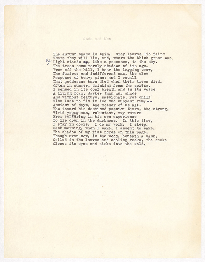 Typed manuscript of "Gods and Men," which eventually became the first poem in Bowers's sequence "Autumn Shade."