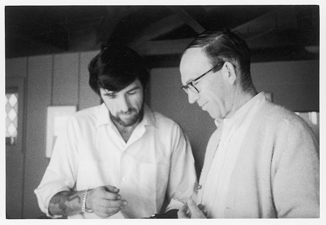 Photograph taken by Charles Gullans of Thom Gunn and Edgar Bowers in Bowers’s Miramar beach house after a reading by Gunn at the University of California, Santa Barbara (Spring, 1968).