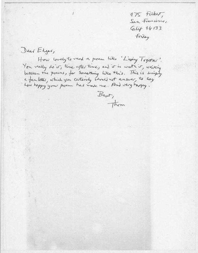 Letter from Thom Gunn to Edgar Bowers, praising Bowers's poem "Living Together."